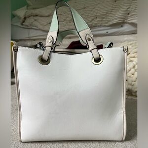 Anthropologie - White leather bags with teal accents and grommet shoulder strap